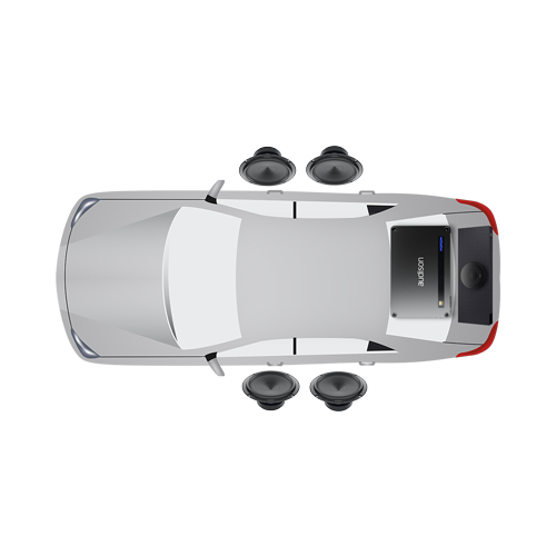 Afbeelding met luidsprekers en subwoofer installatie bij Ataf Turnhout